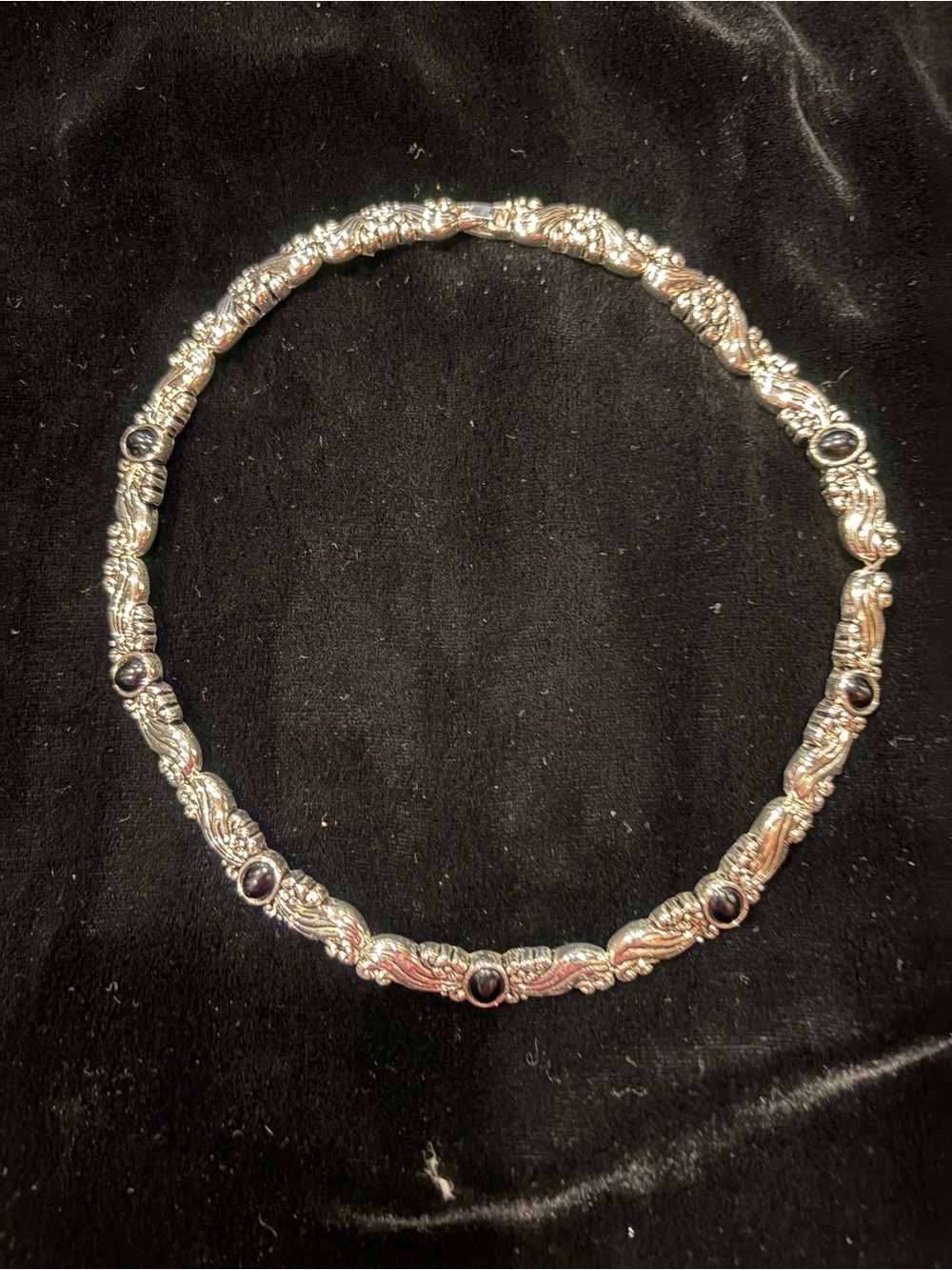 Silver-Tone Ornate Link Necklace with Black Stones